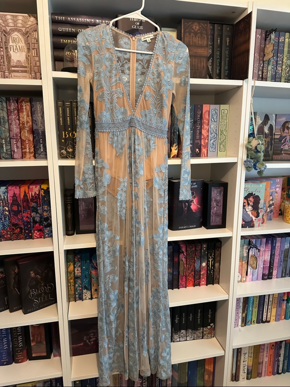 For Love & Lemons Light Blue Embroidered Sheer Maxi Dress